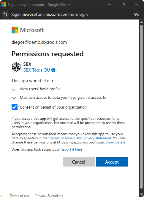 Microsoft Permissions Request Window