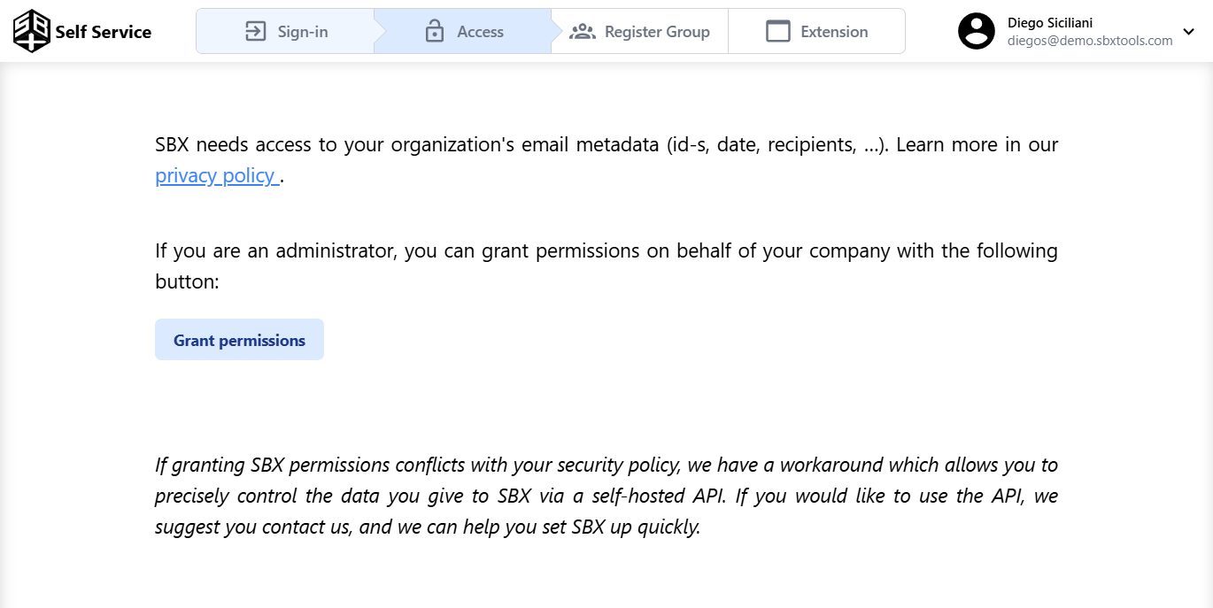 SBX Portal Grant Access Page