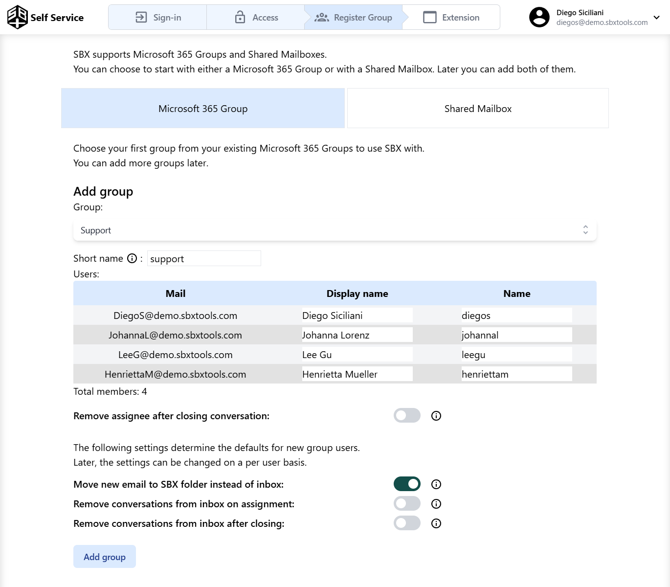 SBX Portal Register Microsoft 365 Group Page