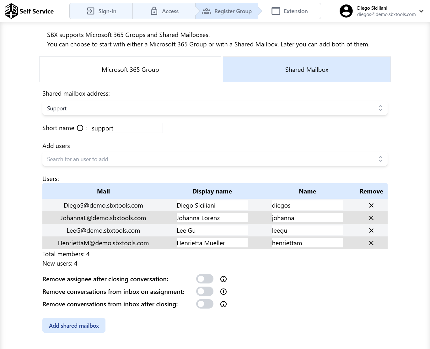 SBX Portal Register Shared Mailbox Page